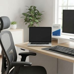 Desk with computer equipment